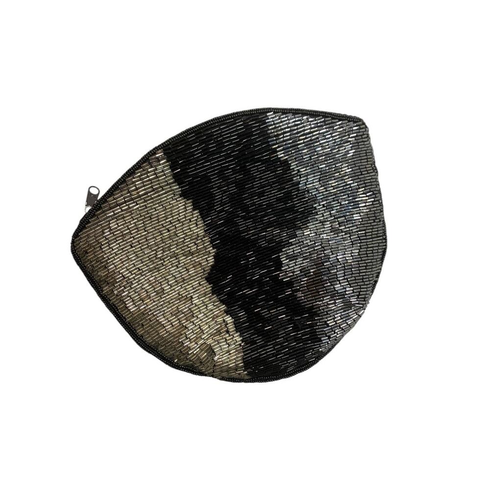 Adolfo Vintage‎ 1990s Bugle Bead Clutch Demilune Bag Metallic